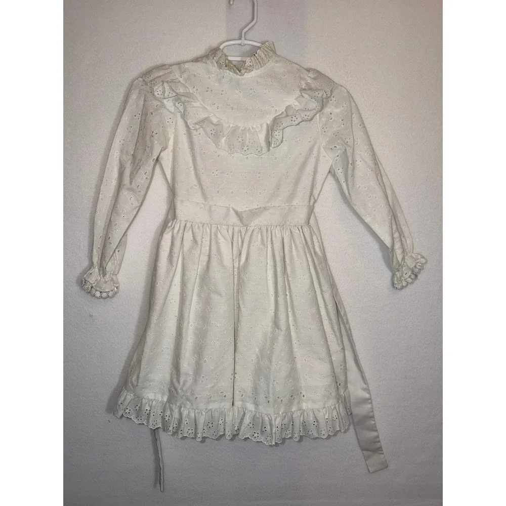 Vintage Girls‎ L'enfant White Eyelet Lace Ruffle Dress Victorian Prairie Small